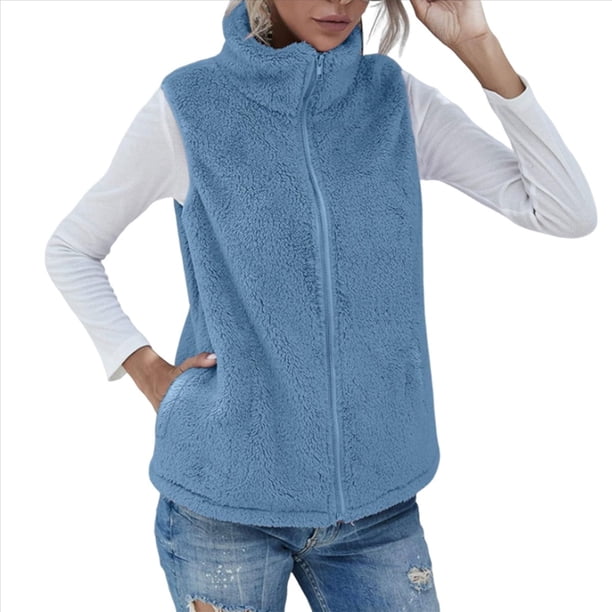 Chaleco de Felpa Cálido Sin Mangas con Cuello Alto para Mujer, con Cremallera, para Otoño e Invierno, con Bolsillos Azul XL