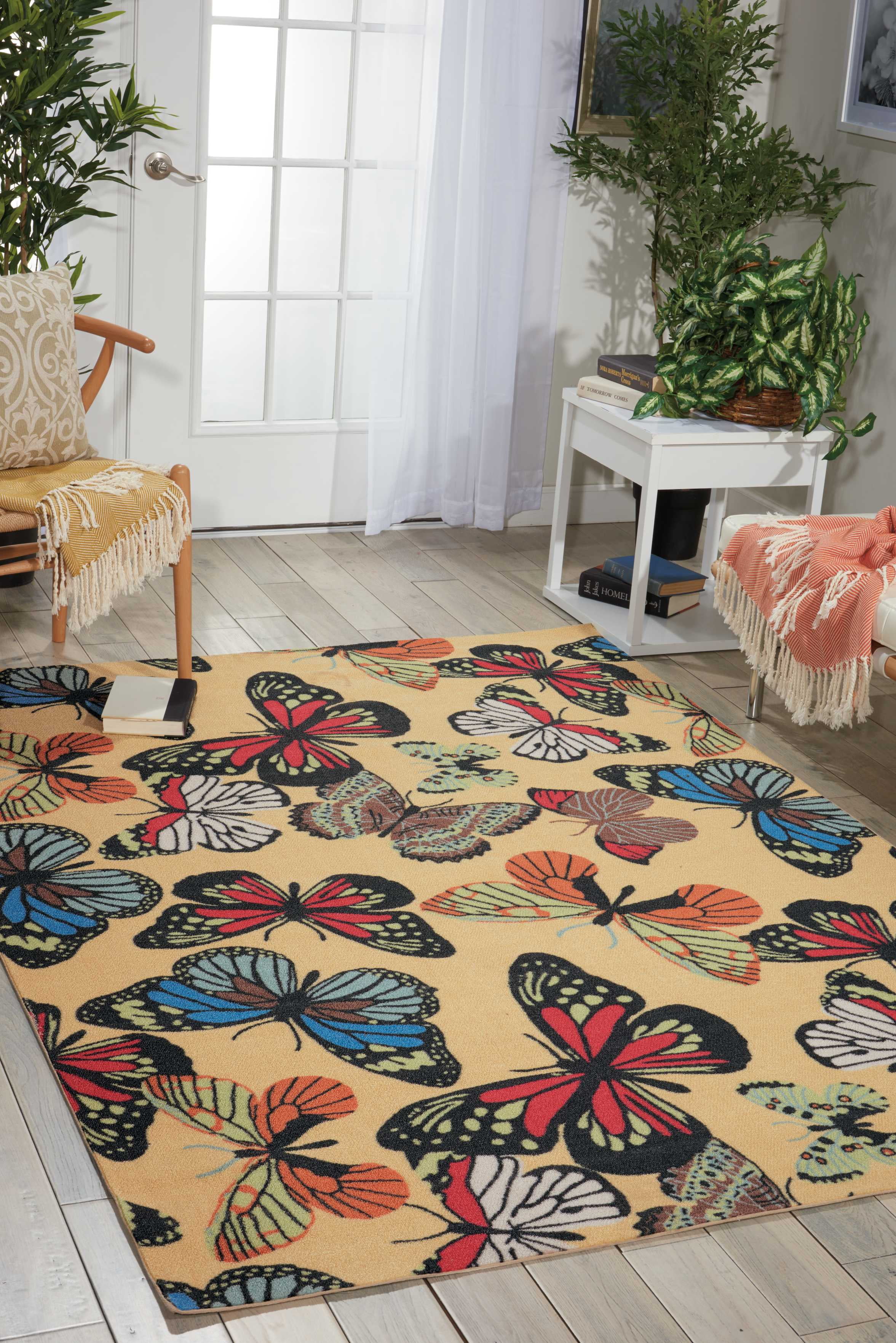 Nourison Home and Garden Butterfly Pattern Indoor/Outdoor Rug, Yellow ...