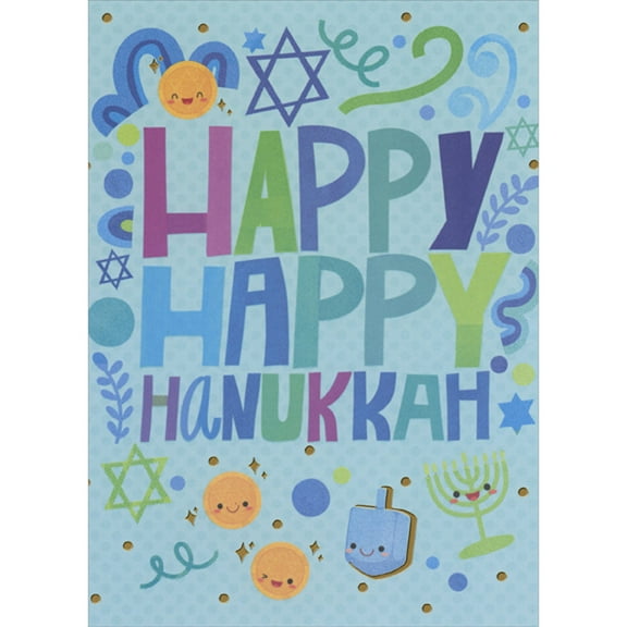 Designer Greetings Happy Happy Hanukkah Colorful Letters with Smiley Faced Symbols Juvenile Hanukkah Card for Kids