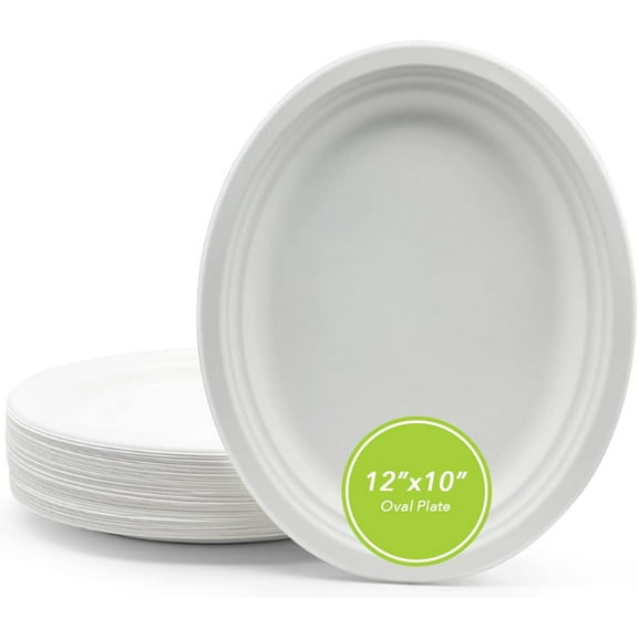 three leaf 12" X 10" BAGASSE OVAL PLATE, 150 Ct. Heavy-Duty- Super Strong- Natural- Eco-Friendly Disposable Bagasse Plates, 100% Biodegradable 12 inch x 10 inch Oval plates