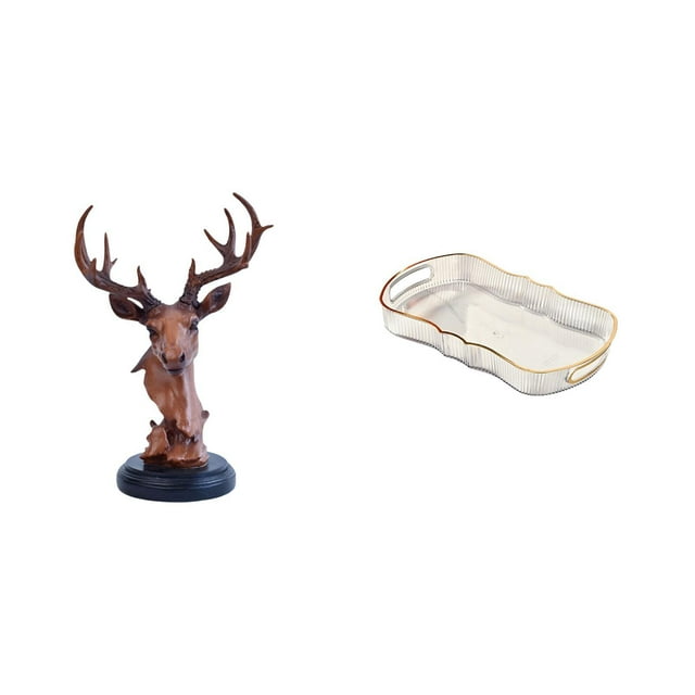 Figura de cabeza de ciervo, adorno decorativo, estatua de animal, bandeja de almacenamiento, bandeja rectangular para servir hecha de resina, adecuada