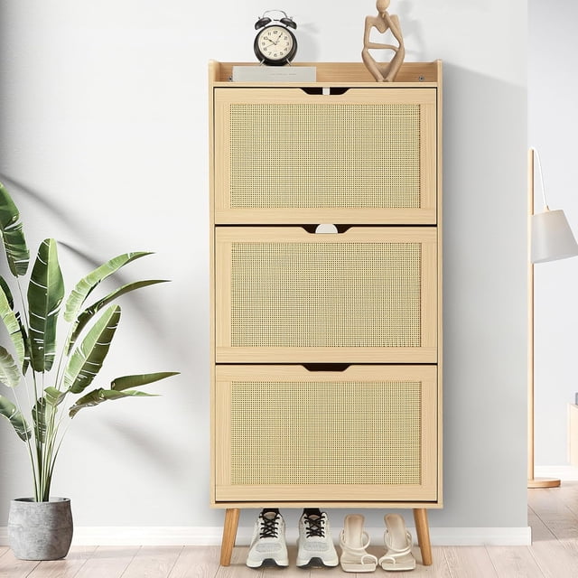 Shoe Cabinet Hidden Shoe Storage with 3 Flip Rattan Flip Drawer and Anti Tip Design, Shoe Cabinet for Entryway, Foyer, Hallway, 18 20 Pairs Storage Organizer, MDF Frame