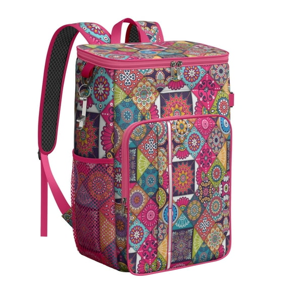 Boho Insulated Cooler Backpack 20L - Vintage Floral Tribal Folk Style Soft Cooler Bag, Leakproof Camping & Picnic Backpack with Long-Lasting Insulation, Holds 26 Cans for Beach & Outdoor