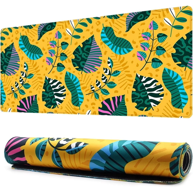 Extended Mouse Pad with Stitched Edges Extra Large Gaming Mousepads with NonSlip Rubber Base and MicroWeave Cloth Tropical Leaves Yellow Design Ideal for Gamer Office or Home (35.4" x 15.7")