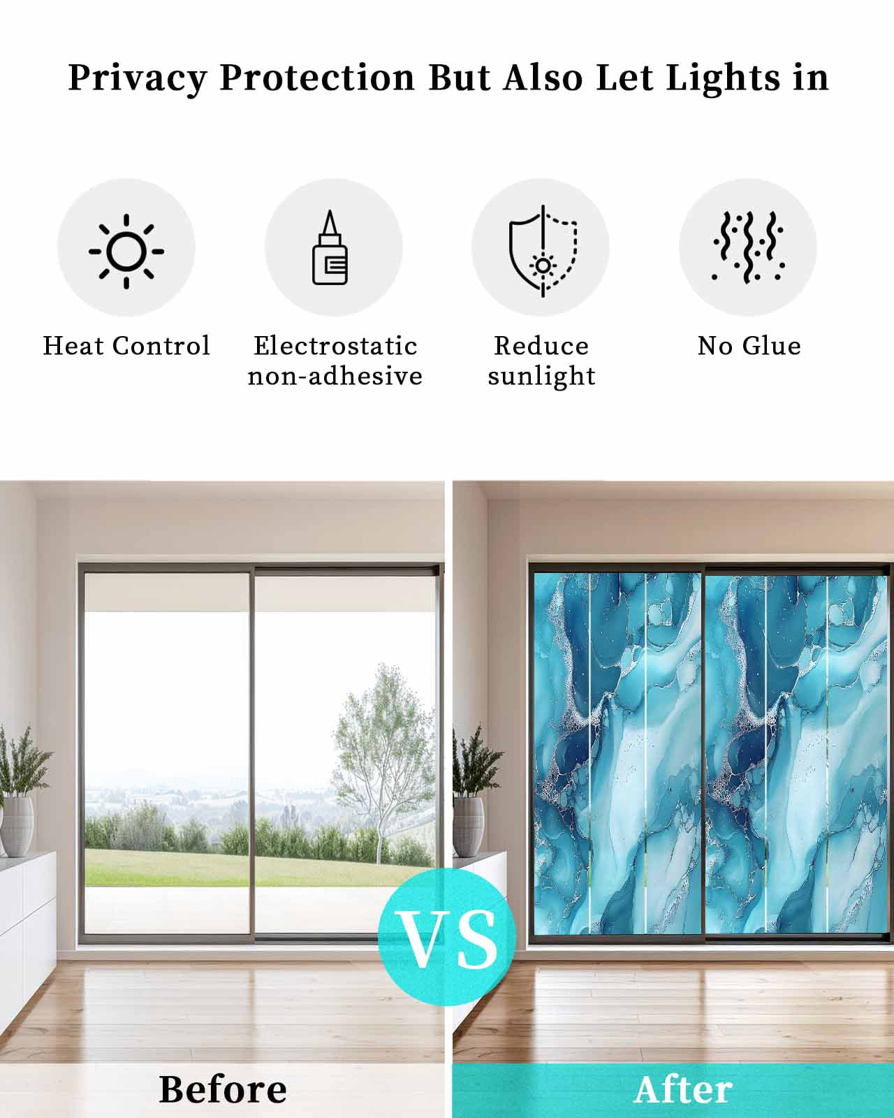 Window Privacy Film Blue Teal Marble Stained Glass Window Film Decorative Sun Block Window Cover Aesthetics Modernism Abstract Window Clings Static Adhesive Sticker for Bathroom 23.6"x59"