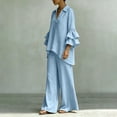 thumbnail image 4 of BRELIL Women Plus Size Two Piece Set V Neck Ruffle Sleeve Shirt Wide Leg Pants Casual Summer Loungewear Solid Boho Vacation Outfits Tracksuit Loose 2 Piece, Light Blue M, 4 of 5