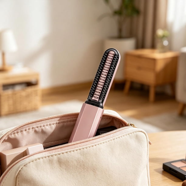 Cepillo pequeño para flequillo, cepillo alisador de pelo de viaje, peine rizador inalámbrico, peine eléctrico para el hogar, para mujeres y niñas. Oro rosa