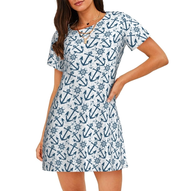 Disketp Nautical Theme Anchors para Camisón Corto de Manga Corta para Mujeres, Camisón Cómodo con Escote Redondo, Bonito y Confortable