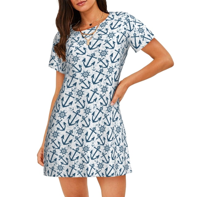 Fotbe Nautical Theme Anchors Bata de Dormir para Mujer con Estampado, Camisón de Algodón de Manga Corta, Ropa de Dormir Casual