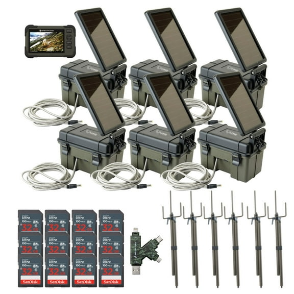 HME Trail Camera 12V with Solar Auxiliary Power Pack (6-Pack) Bundle with 6x SD Card Reader and Viewer, 6x Trail Camera Mount Stick, 12x 32GB Memory Card, and SD Card Reader (31 Items)