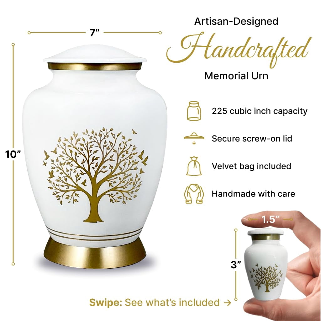 AmericUrn White Tree of Life Cremation Urns for Human Ashes – Adult Female and Male Memorial Set of 6 with 1 Large Urn, 4 Keepsake Urns & 1 NecklaceUrn