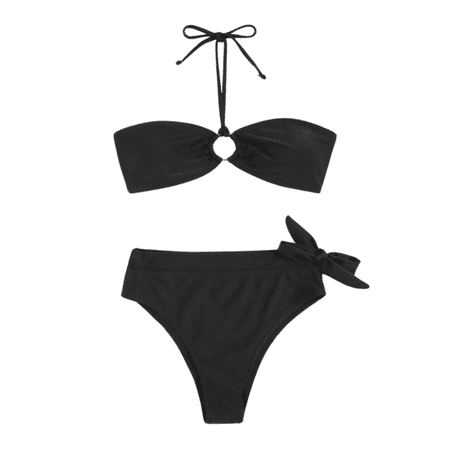 USNSM Two Piece Bikini Sets for Women Strapless Swimsuit with Wrap Bottom Halter Lace Up Bikini Bandeau O-Ring Cutout Swim Tube Top Bathing Suit Black L