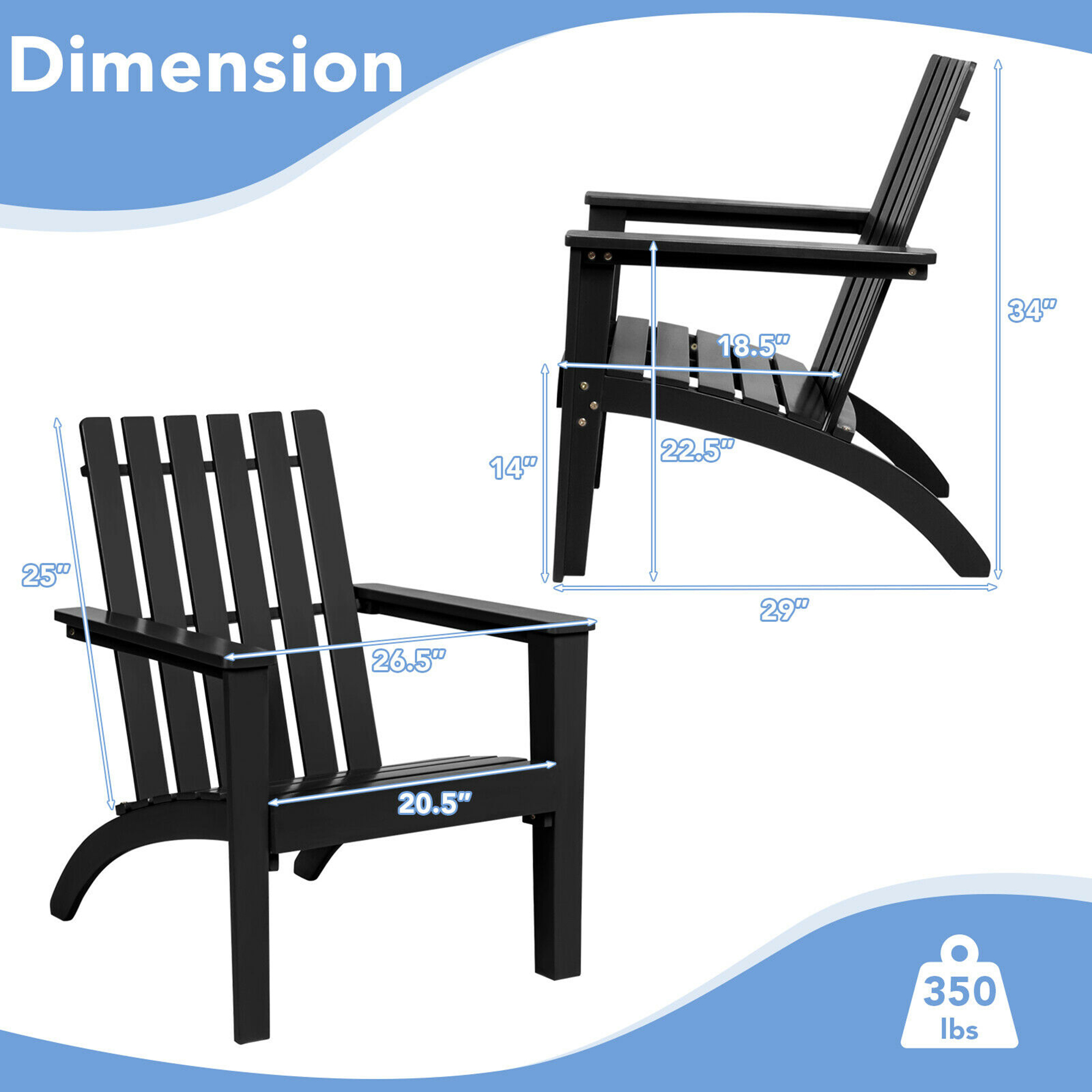 Gymax Set of 2 Outdoor Wooden Adirondack Chair Patio Lounge Chair w/ Armrest Black
