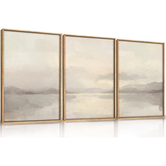 Large Abstract Neutral Beige Pastel Framed Canvas Wall Art,Modern Watercolor Lakes Wall Decor,Nature Mountain Minimalist Artwork for Living Room,Bedroom,Dining Room,Office -24"x36"x3