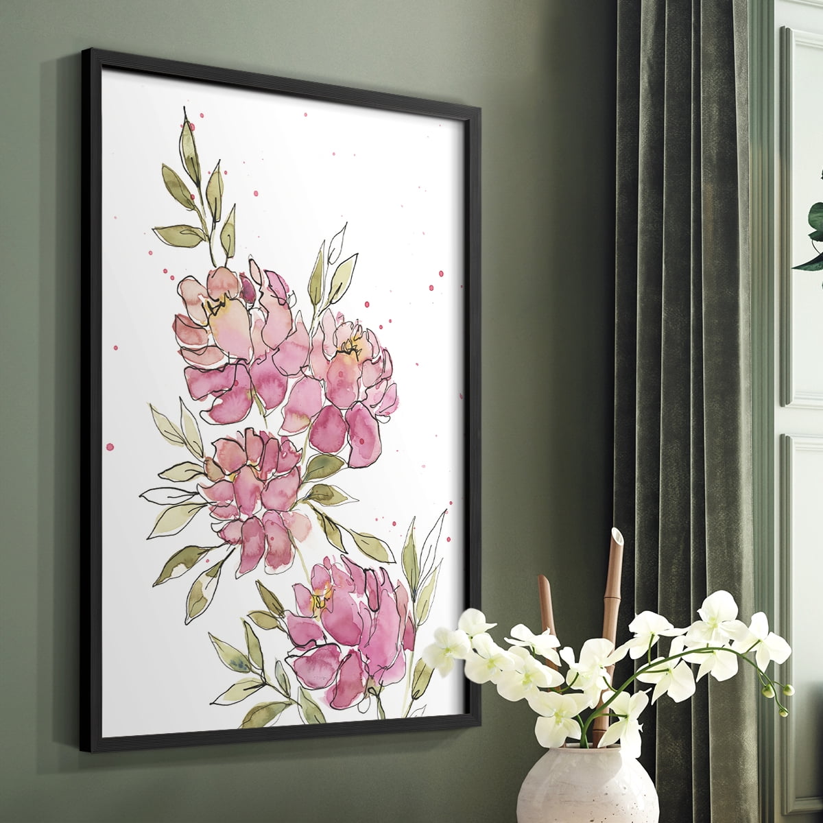 Watercolor Blooms I Framed Print in Black Solid Wood 16 x 20 Framed Print