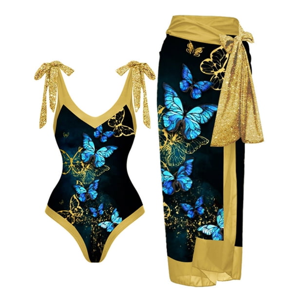 Gibobby Trajes de Baño para Mujer Traje de baño de 1 pieza para mujer + 1 pieza para cubrirse Traje de baño de dos piezas con estampado vintage Monokini (Amarillo,XL)
