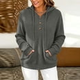 thumbnail image 2 of Women's Ribbed Knit Hoodies Half Button V Neck Drawstring Hooded Sweatshirt Long Sleeve Loose Casual Pullover Tops for Fall Winter Gray, 2 of 6