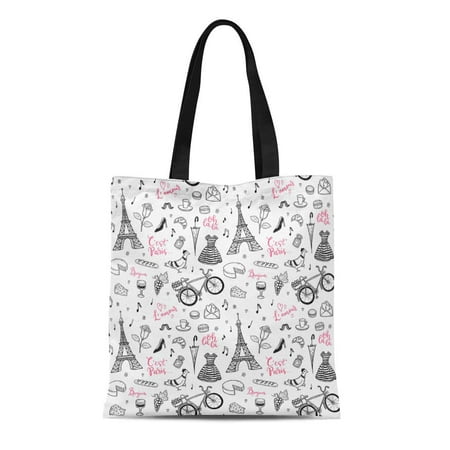 SIDONKU Canvas Tote Bag French Pattern Paris France Symbols Doodles Travel Cafe Food Reusable Shoulder Grocery Shopping Bags