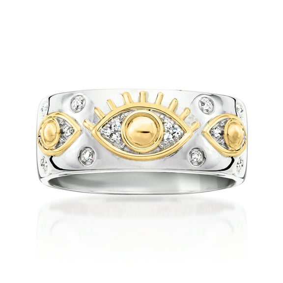 Ross-Simons Sterling Silver and 18kt Gold Over Sterling Evil Eye Ring With Diamonds, Women's, Adult