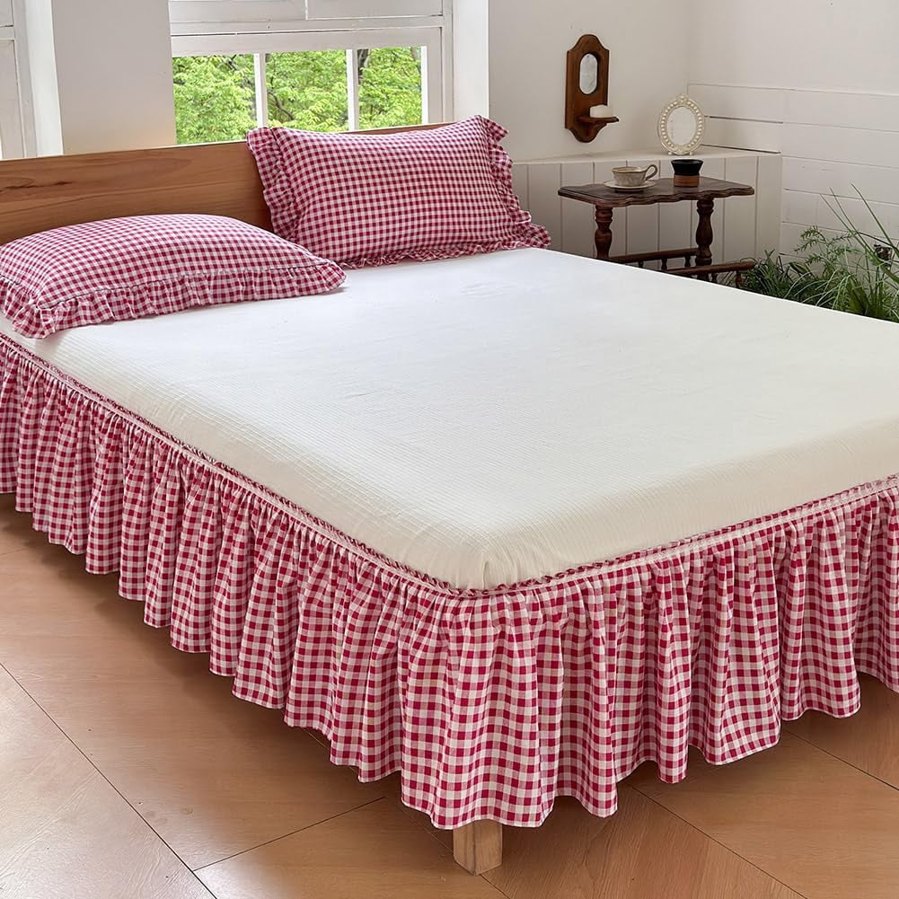 Red Gingham Wrap Around Ruffled Bed Skirt with Lace Decor, Plaid Grid Adjustable Elastic Dust Ruffles for King Bed, 15 Inch Drop Farmhouse Cottage Pleated Bed Frame Cover(Red Gingham, King)