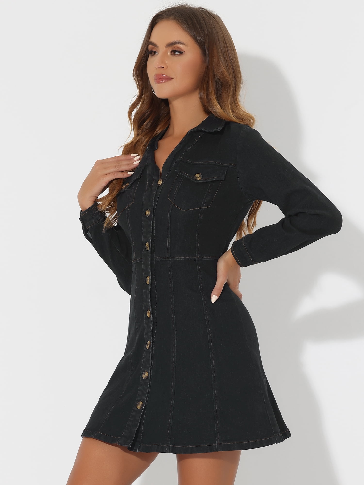 DARING DIVA Button Down Collar V-Neck Roll Up Sleeves Denim Shirt Dress M Black