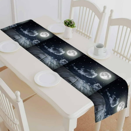 

PKQWTM Night Sky Stars Full Moon Wooden Planks Cotton and Linen Table Runner Kitchen Dining Room Supplies Size 14x72 Inch