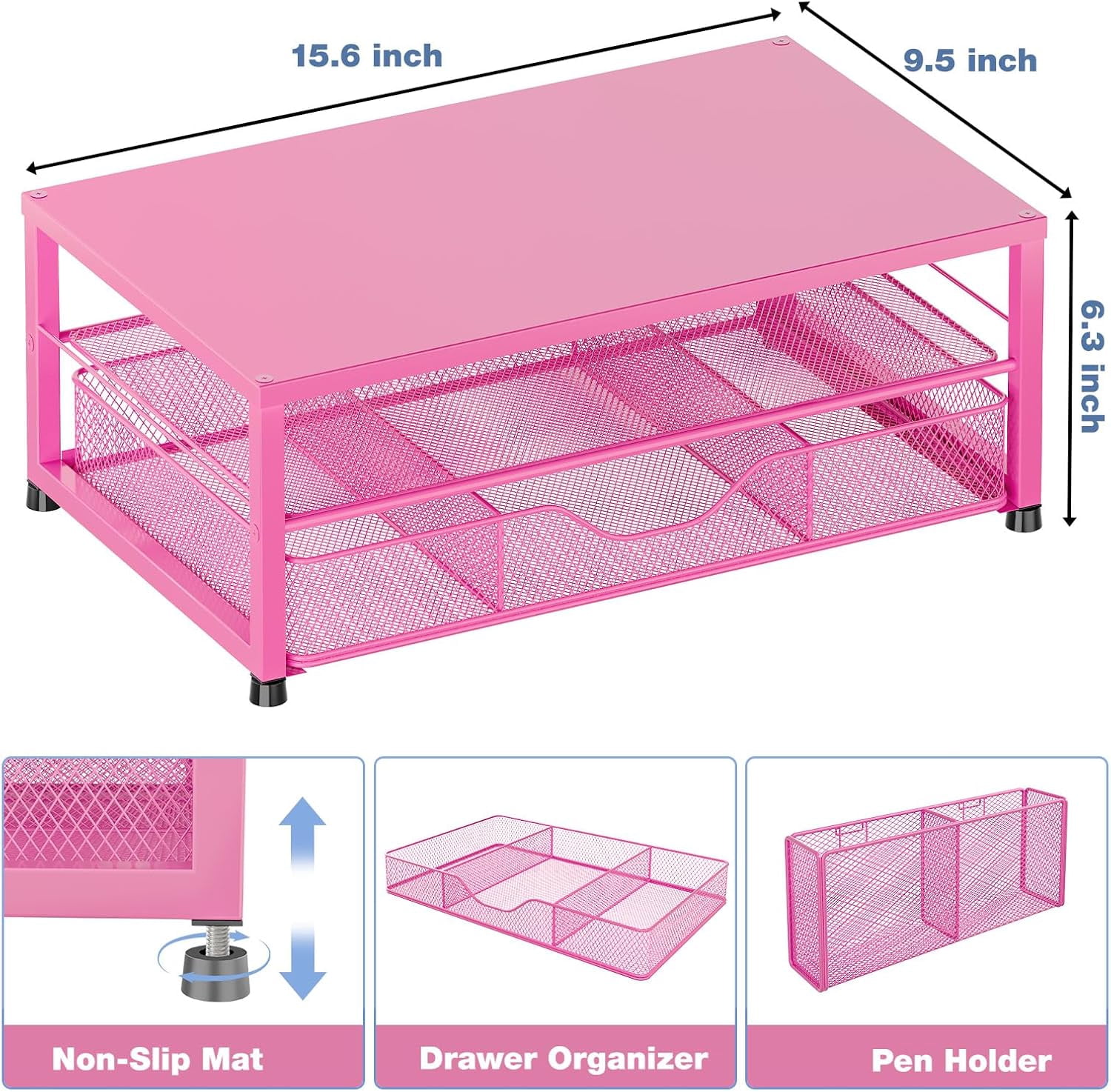 A house of tools Desk Organizer and Accessories, 2-Tier Computer Monitor Stand with Drawer and 2 Pen Holders, Office Desk Accessories for Office Supplies, Carmine Rose