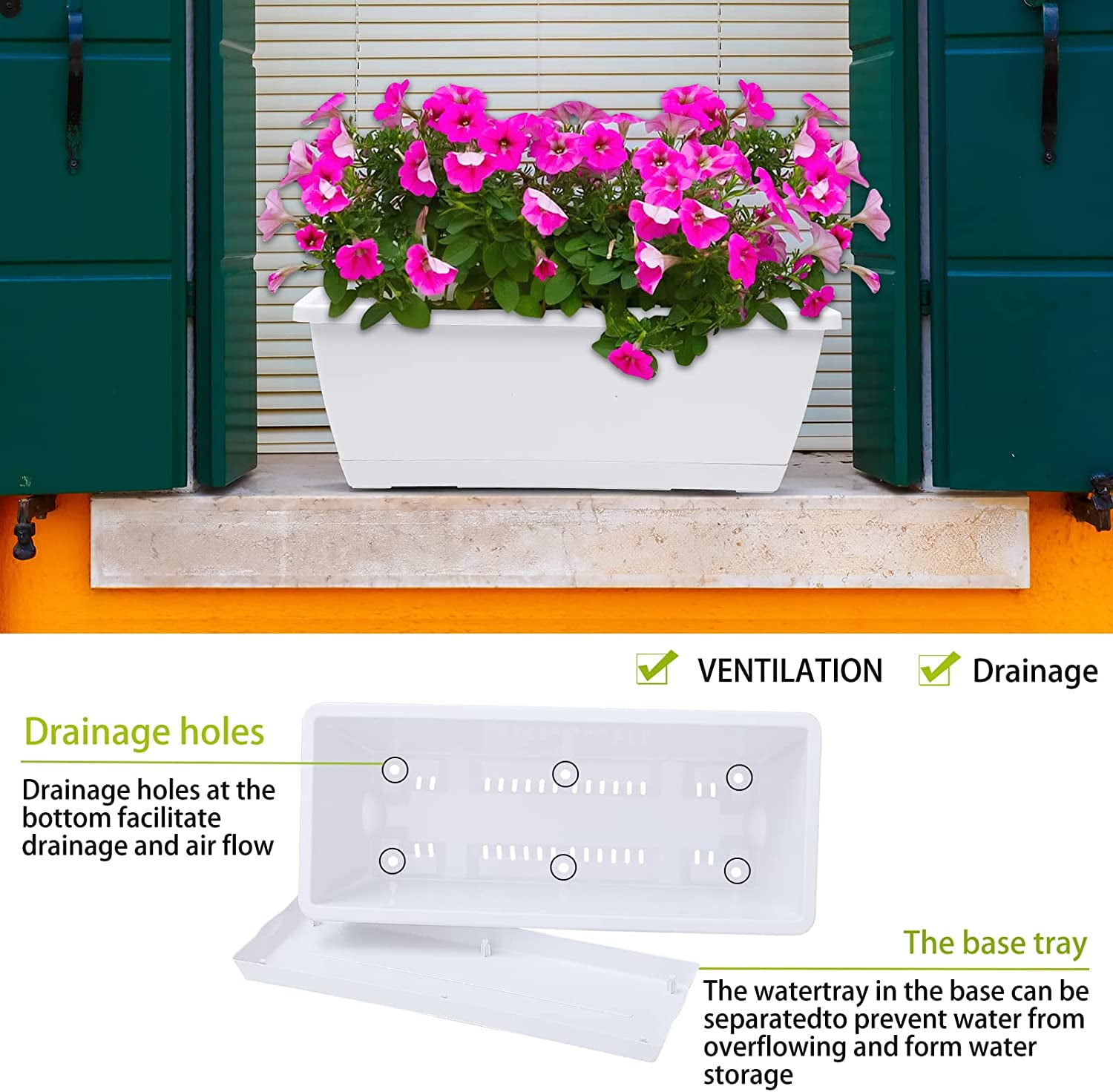 Plastic Rectangular Window Box Planters with Saucers for Vegetable Flower Indoor Outdoor Garden Patio Home Decor 7 Pack 17 Inches