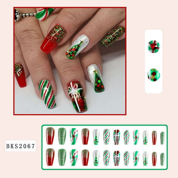 Uñas postizas navideñas, puntas de uñas terminadas, uñas postizas navideñas, parches de uñas, parche de uñas