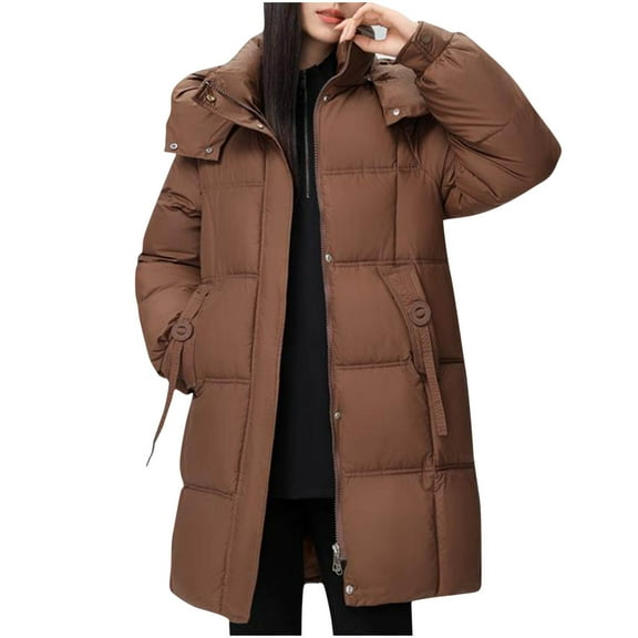 Antqov Puffer Jacket Womens, Solid Color Long Zipper Buttons Thickened Detachable Hood Down Jackets with Pockets, Winter Outdoor Warm Soft Comfortable Windbreak Coats