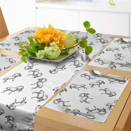 

Goat Table Runner & Placemats Hand Drawn Like Monochrome Sketch of Continuous Mountain Goat Animal Set for Dining Table Decor Placemat 4 pcs + Runner 16 x72 White and Charcoal Grey by Ambesonne
