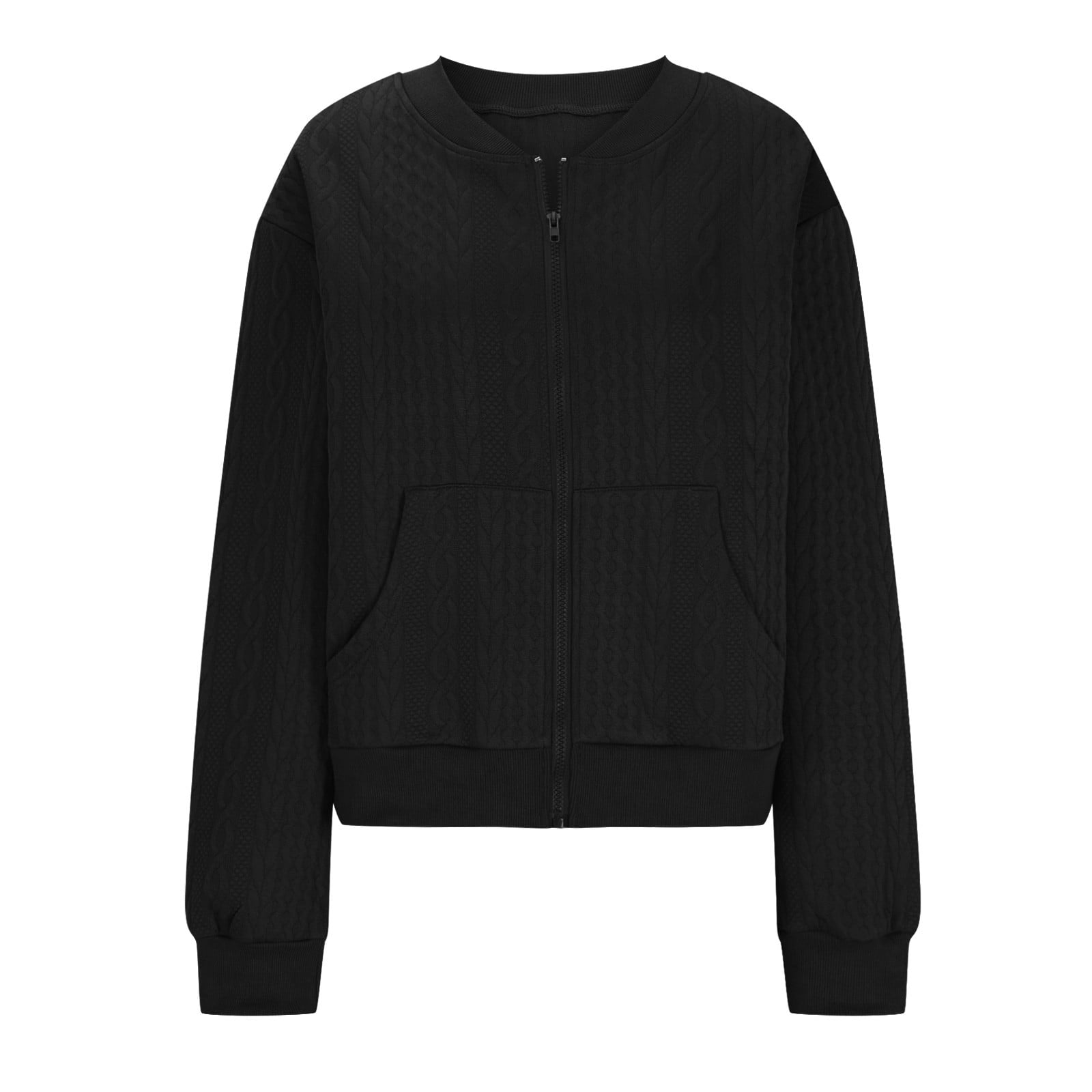 Fartey Women's Zip Up Cardigan Sweater Knit Cable Long Sleeve Jackets Soft Comfy Crewneck Casual Cardigans Fashion Simple Solid Color Coat Black L
