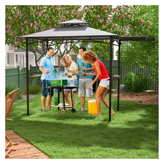 10.5 x 5 FT Grill Gazebo with Side Awning, Double Tiered Top, Metal Frame - Outdoor BBQ Tent with Shelves, Hooks & Bottle Opener - Sun Shade for Patio, Yard, Deck, Parties
