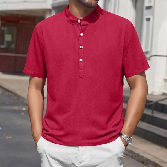 gbyLJF Men's Crew Neck Tops Solid Color Half Button Up Short Sleeve Shirts Casual Work Half Open Front T-shirts