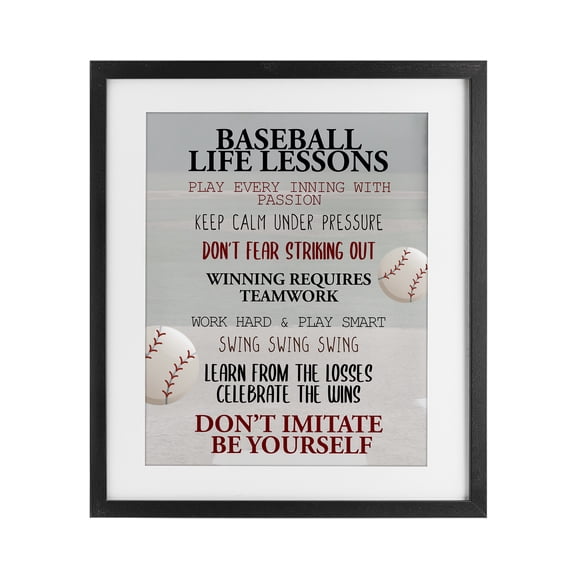 Baseball Life Lessons Black Framed Print Under Glass, design by Kim Allen