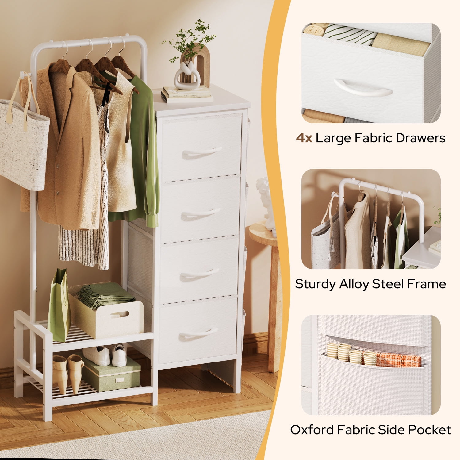 UNTIMATY Dresser with Hanging Rack White Fabric Dresser for Bedroom with Hanging Rack and 4 Drawers Dresser with Side Pockets