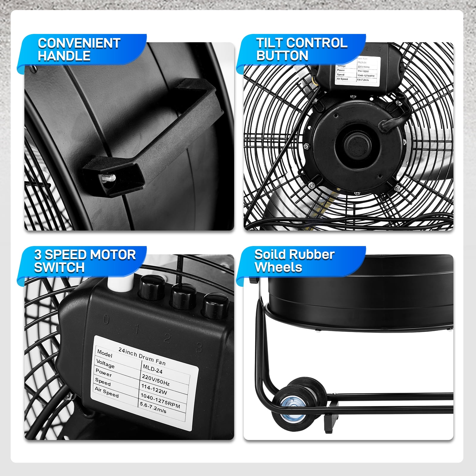 Industrial Drum Fan, 30in 110V 230W High Velocity Floor Fan,3 Speed Heavy Duty Black Metal Air Circulator,Adjustable Tilt with Outer Double Wheels,Copper Motor Single Side for Warehouse Commercial