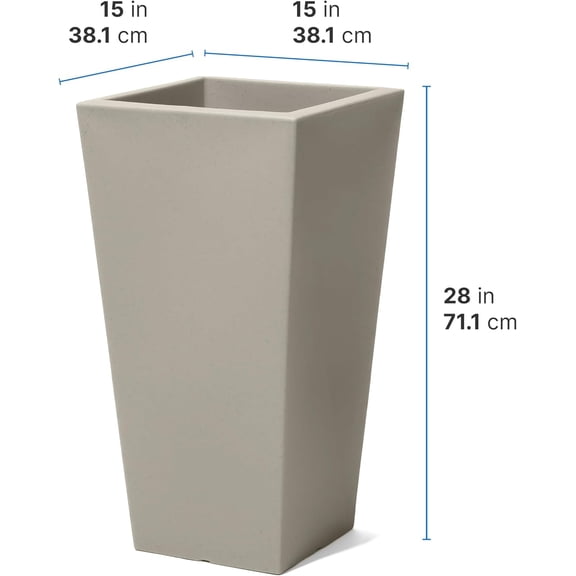 Tremont Tall Square Tapered Planter, Large Planters for Outdoor Plants, Gardening and Flower Pot for  or Porch, Efficient Drainage,  Plastic, Concrete, 1-Pack
