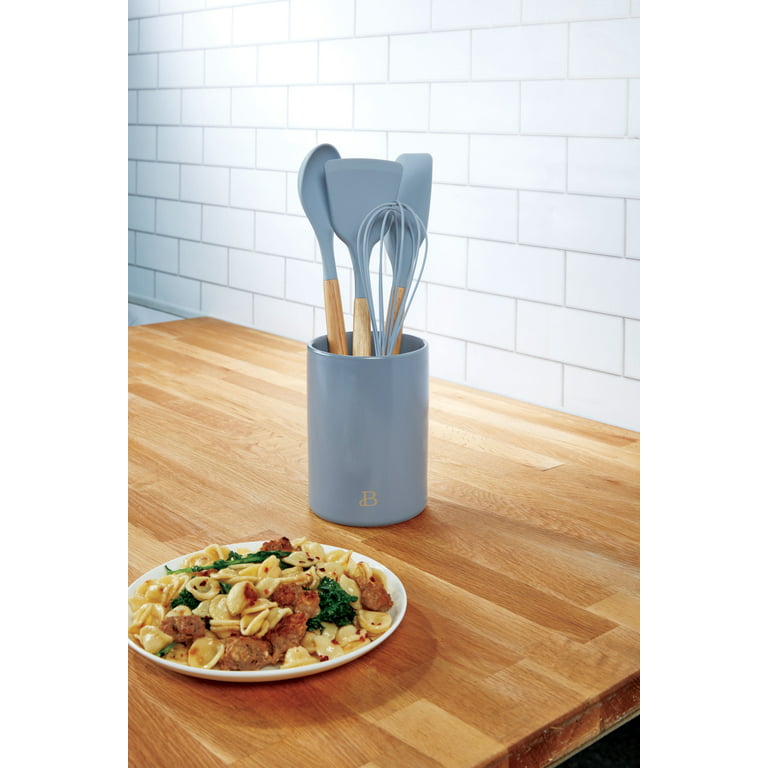 Beautiful By Drew Barrymore Kitchen Utensil 5 Piece Set with Silicone Tools  and Crock, Cornflower Blue 
