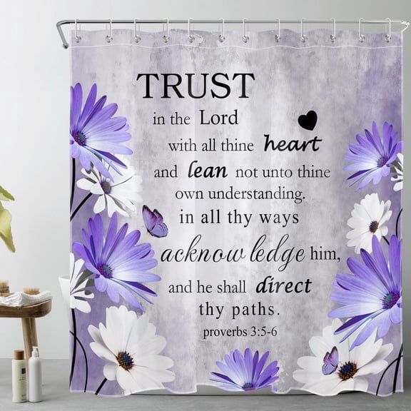 Vintage Puprple Abstract Flower Shower Curtain Farmhouse Daisy Floral Inspirational Bathroom Curtain with Hooks Rustic Floral Butterfly Bath Curtain Polyester Fabric 72Lx72W Inch