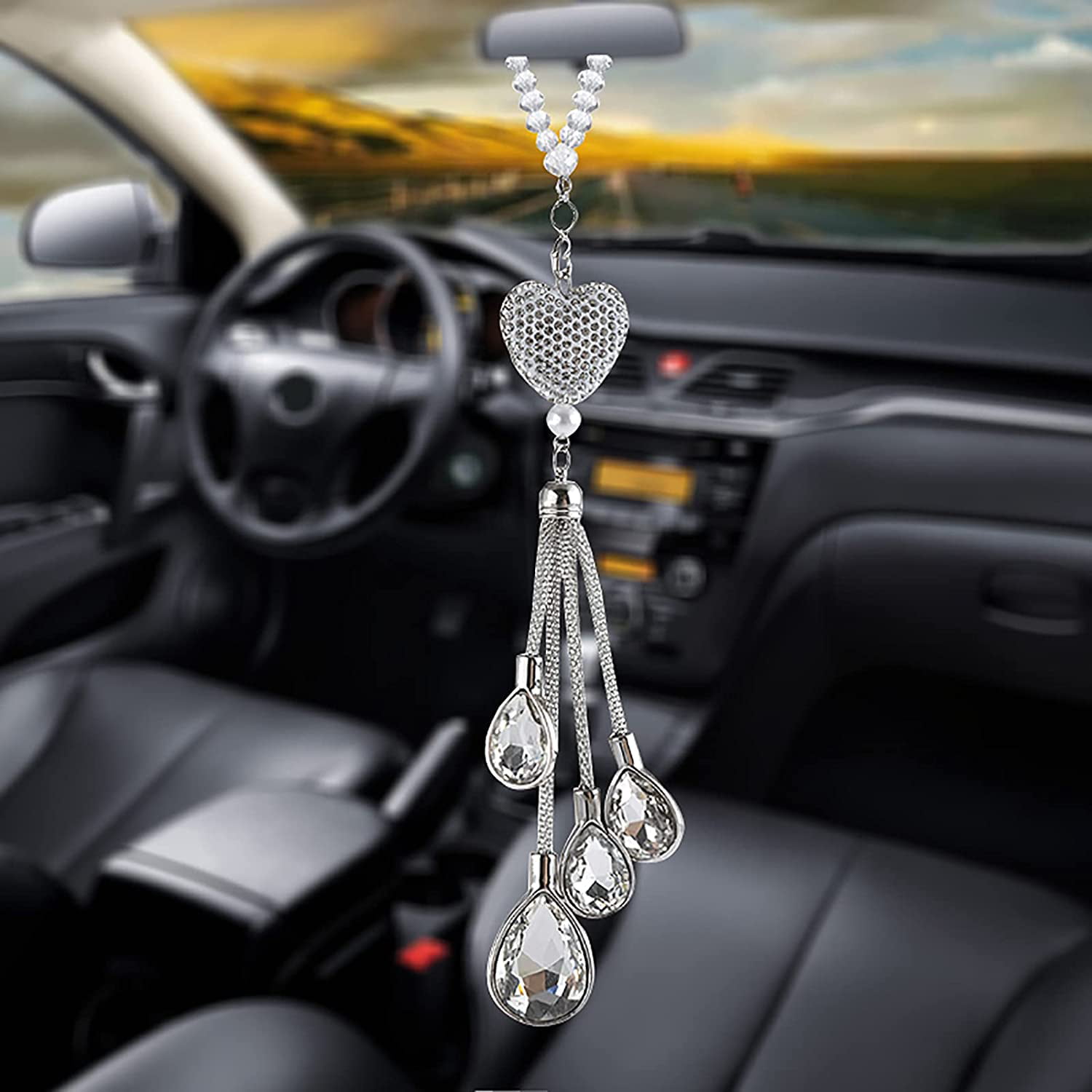 Car Pendant Hanging Crystal with Diamond Pearl Pendant Car Decoration Charm Christmas Tree Interior Accessories for Auto Rear View Mirror,A 