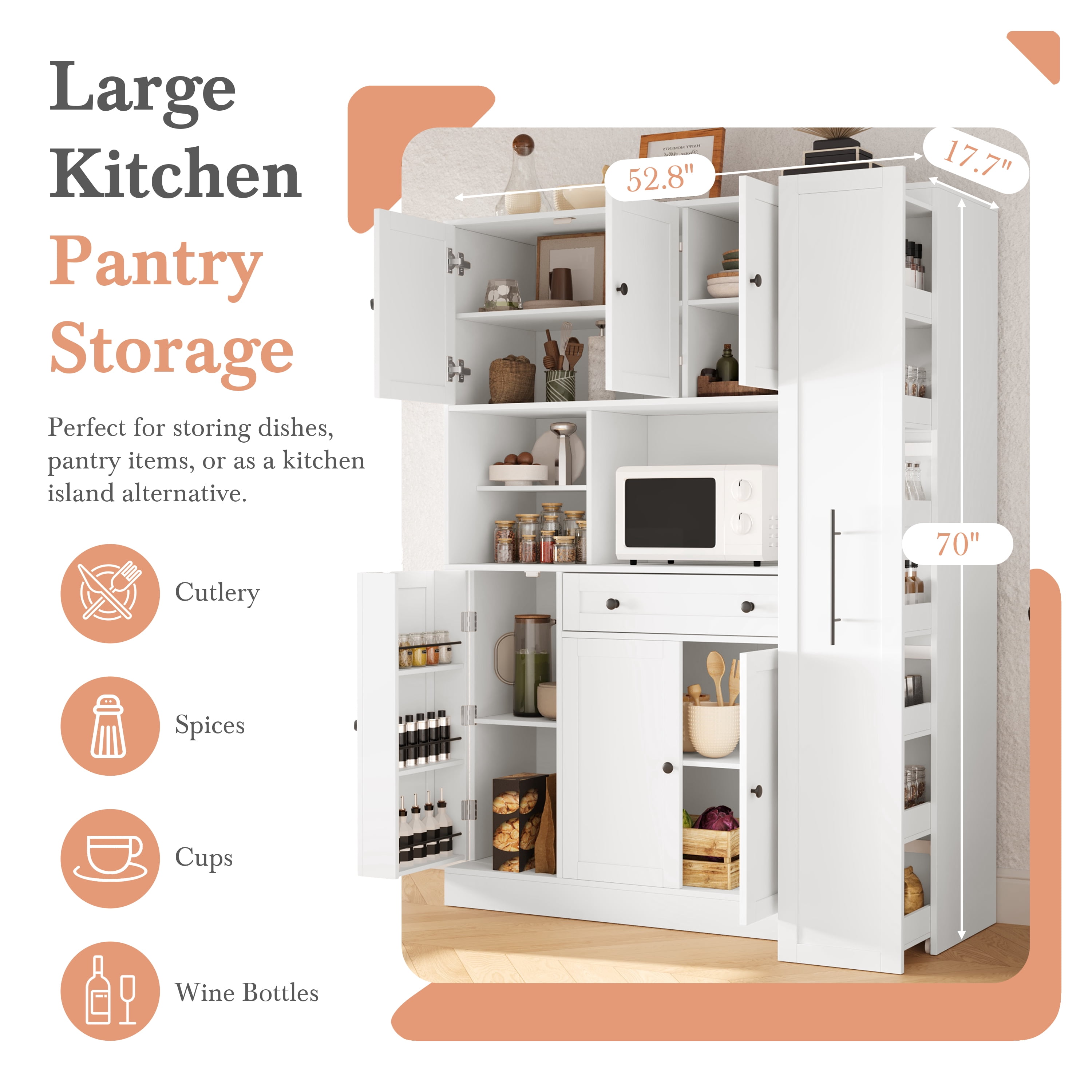 Harper & Bright Designs Farmhouse Kitchen Pantry Cabinet with Microwave Shelf, Tall Kitchen Storage Cabinet with Door and Drawer, Large Freestanding Hutch with Pull-Out Side Cabinet, 70", White