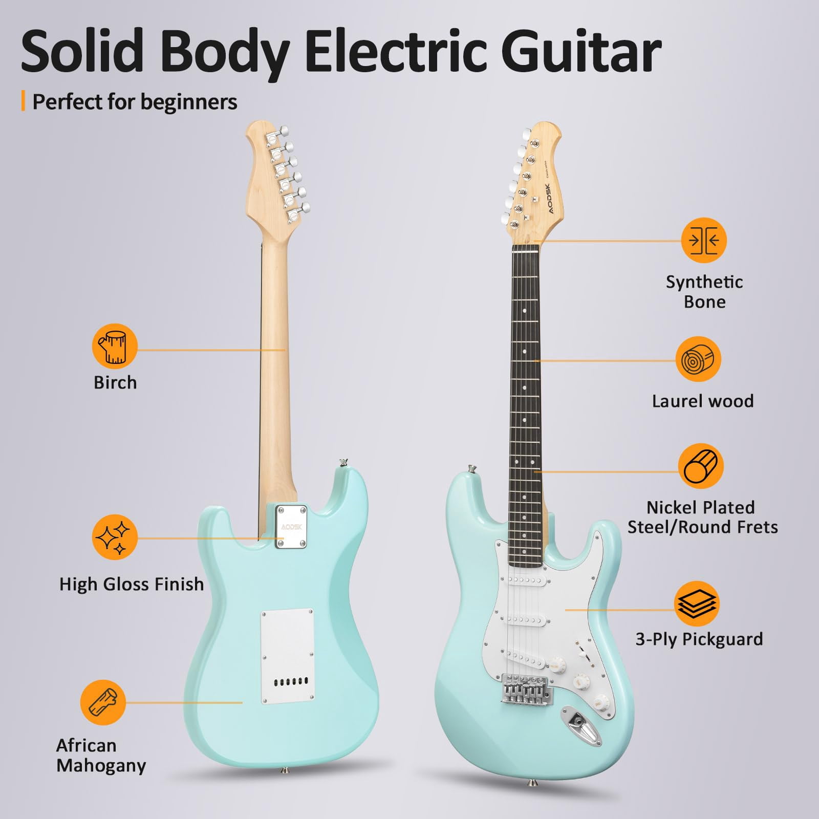 AODSK 39" Beginner Electric Guitar Full Size Kit with Amp, SSS Pickup, Solid Wood Body, Digital Tuner, Six Strings, Four Picks, Tremolo Bar, Strap, Gig Bag