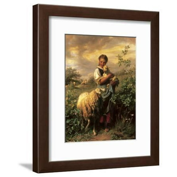 The Young Shepherdess, Animals Framed Art Print Wall Art by Johann Baptist Hofner