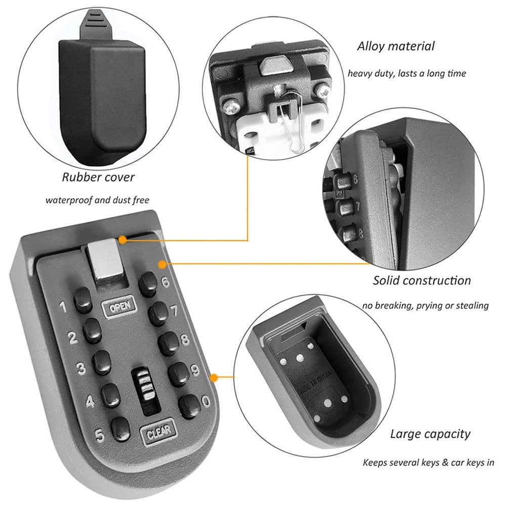 Key Lock Box Wall Mount Waterproof Spare Key Storage Box 10-Digit Combination Lockbox Push Button ,Additional Security