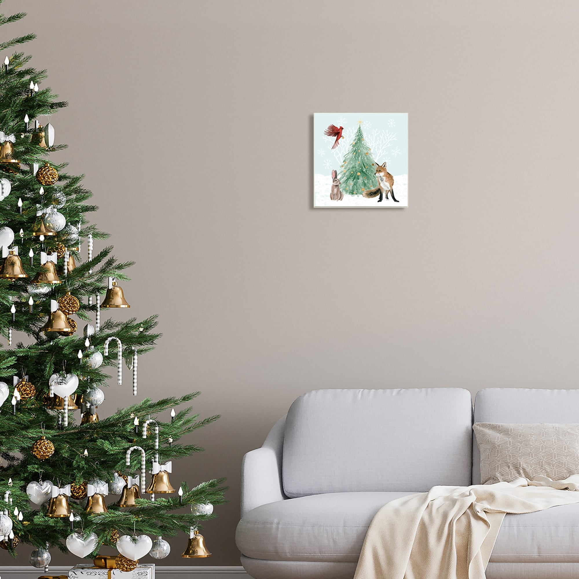 Wintery Wildlife Decorated Christmas Tree Snowflakes Animals & Insects Painting Unframed Art Print Wall Art