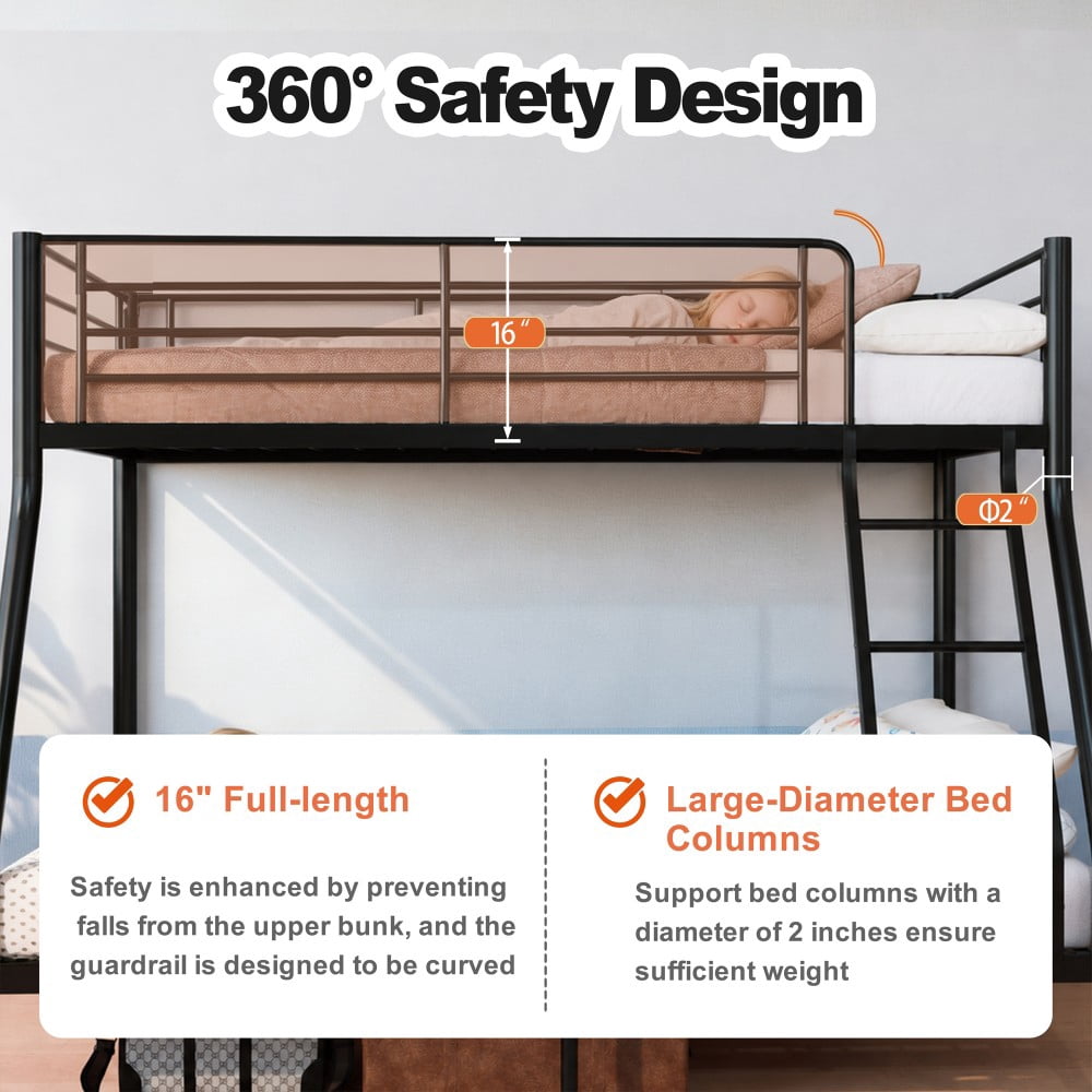 Twin Over Full Bunk Bed, Heavy-Duty Metal Frame with 990 lbs Bottom Capacity, High Guardrails, Quiet Slats, 3-Step Ladder, No Box Spring, Black