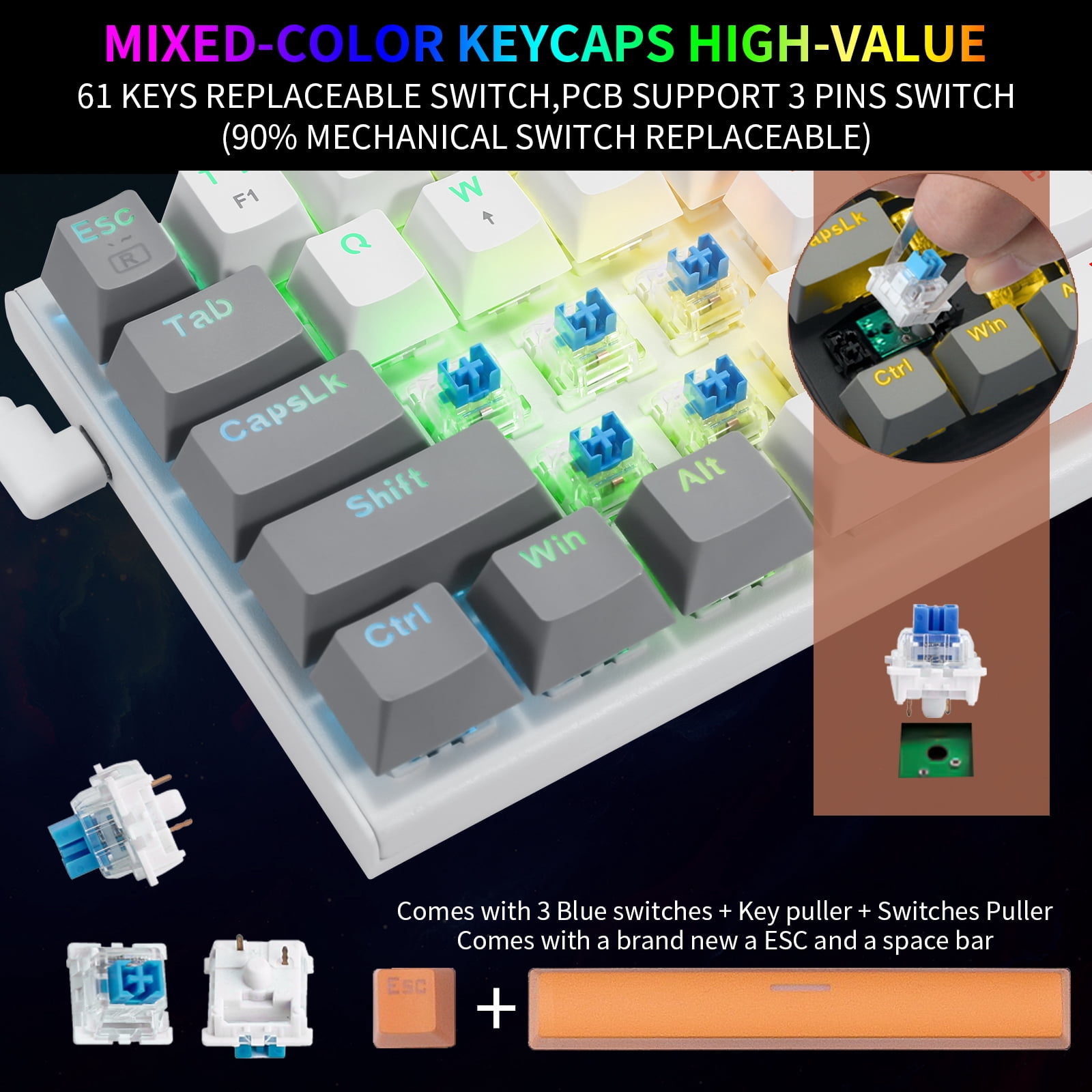 60% Wired Mechanical Gaming Keyboard, E-YOOSO RGB Backlit Ultra-Compact 61 Keys Hot Swappable Mini Waterproof Wired Office Keyboard with Blue Switches for Windows, Mac OS Gamers (White Grey)