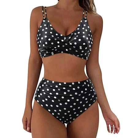 Ecqkame Women Two Piece High Waisted Bikini Set Sexy V Neck Swimsuits Tummy Control Bottoms Bathing Suits Black-B S on Clearance