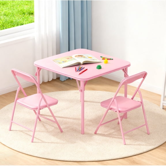 BaytoCare No Assembly Need Kids Play Table & Chairs for Playroom, Classroom, Daycare, 3 Pieces Kids Activity Table and Chairs Set, Folding Table Set for 4-8 Children, Pink